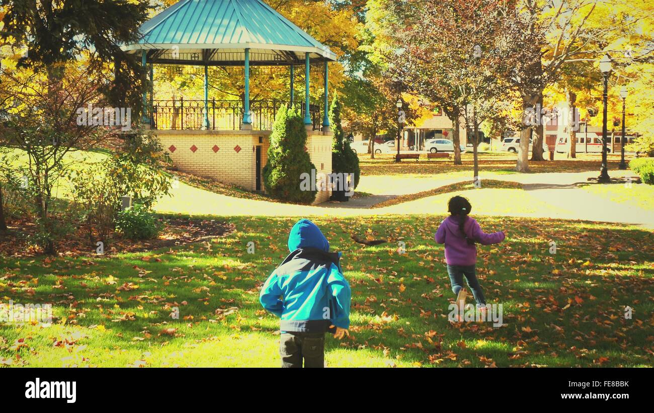 Rear View Of Children Running In Park Stock Photo - Alamy