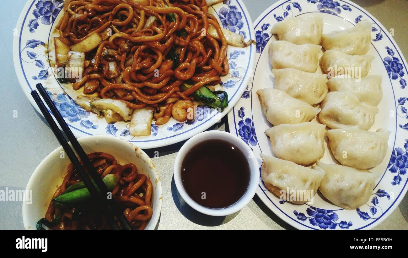 Directly Above Shot Of Serving Dumpling With Noodles In Plate Stock Photo