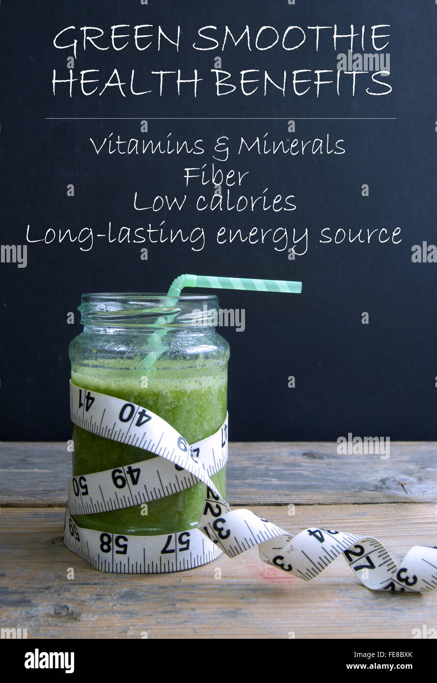 Healthy green smoothie with list of health benefits Stock Photo Alamy