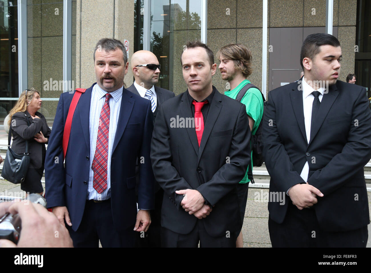 Sydney, Australia. 5 February 2016. Nick Folkes, Chairman of the Party for Freedom and Shermon Burgess, known as The Great Aussie Patriot left the Federal Court Australia after attending a directions hearing. They were jubilant that Sutherland Shire Council and Jamal Rifi had discontinued their legal action against them. Supporters including Ralph Cerminara attended the hearing. Left wing activist Shayne Hunter attended the hearing and afterwards went for a drink with the pariots. Pictured, L-R: Nick Folkes (handlebar moustache) and Shermon Burgess (red tie). Credit:  Richard Milnes/Alamy Live Stock Photo