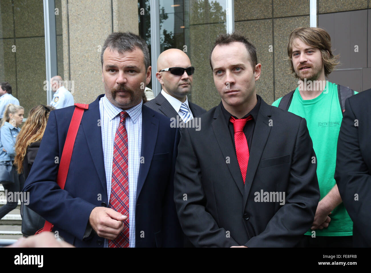 Sydney, Australia. 5 February 2016. Nick Folkes, Chairman of the Party for Freedom and Shermon Burgess, known as The Great Aussie Patriot left the Federal Court Australia after attending a directions hearing. They were jubilant that Sutherland Shire Council and Jamal Rifi had discontinued their legal action against them. Supporters including Ralph Cerminara attended the hearing. Left wing activist Shayne Hunter attended the hearing and afterwards went for a drink with the pariots. Pictured, L-R: Nick Folkes (handlebar moustache) and Shermon Burgess (red tie). Credit:  Richard Milnes/Alamy Live Stock Photo