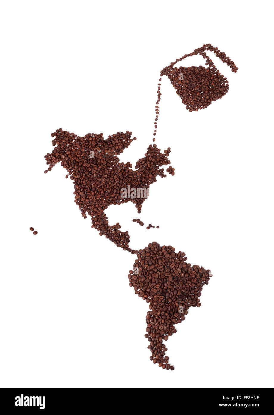 Pot of Coffee Pouring Beans onto a Map of North America all Made of Brown, Fresh Roasted Coffee Beans Stock Photo