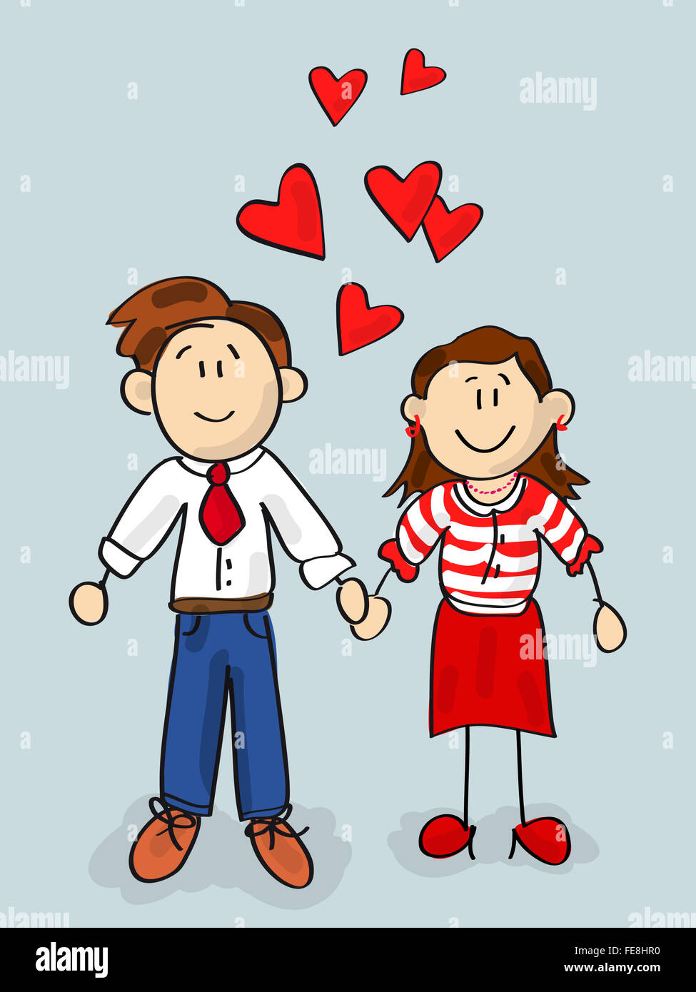 Happy couple cartoon Valentine card with little hearts Stock Photo - Alamy