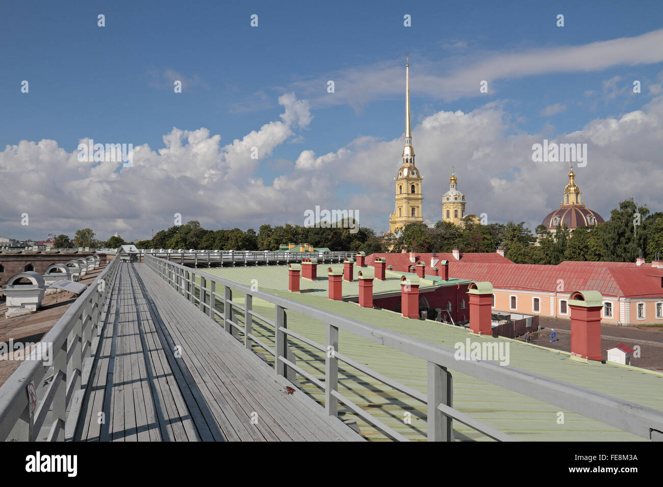 Rooftop view towards the spire of the Peter & Paul Cathedral in the Peter and Paul Fortress in St Petersburg, Russia. Stock Photo
