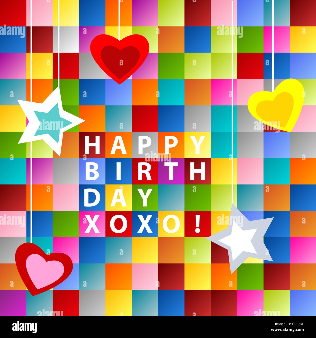 Happy birthday card, with ornament over colorful squares background Stock  Photo - Alamy
