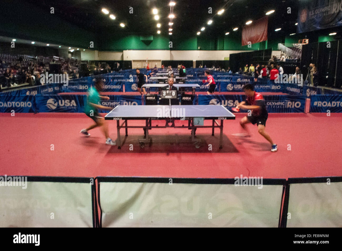 Greensboro, North Carolina, US. 4th Feb, 2016. Feb. 4, 2016 - Greensboro, N.C., USA - Nine qualifying tables in action at the 2016 U.S. Olympic Table Tennis Trials. The top three men and women from the trials move on to compete in April at the 2016 North America Olympic Qualification tournament in Ontario, Canada. The 2016 Summer Olympics will be held in Rio De Janeiro, Brazil, Aug. 5-21. © Timothy L. Hale/ZUMA Wire/Alamy Live News Stock Photo