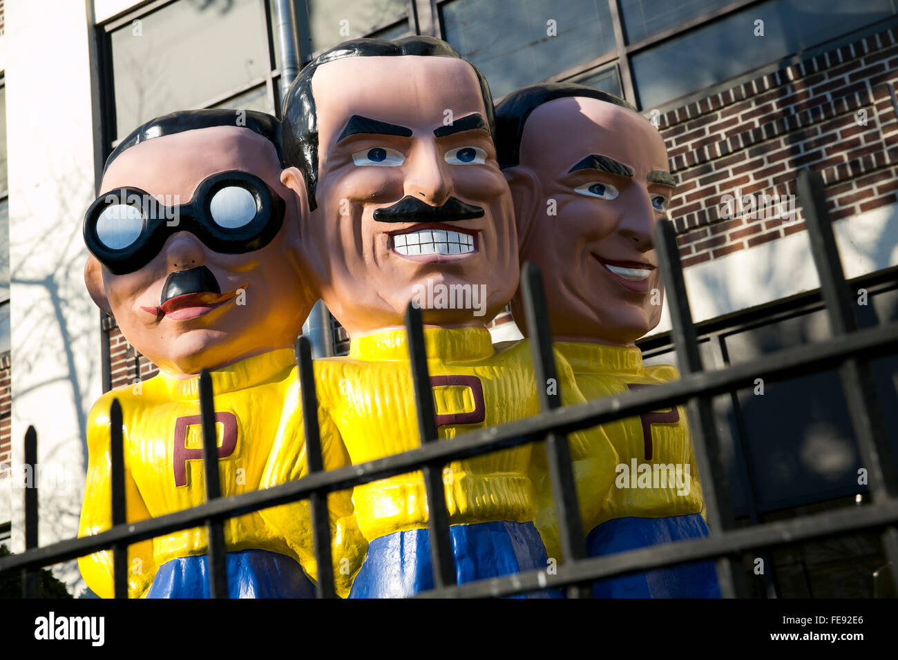 A statue of the Pep Boys: Manny, Moe & Jack outside of the headquarters of Pep Boys in Philadelphia, Pennsylvania on January 3,  Stock Photo
