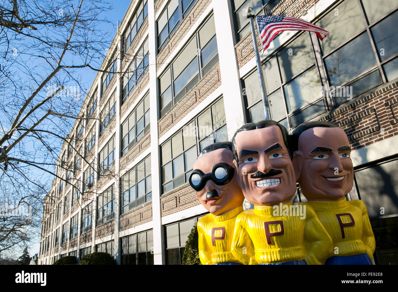A statue of the Pep Boys: Manny, Moe & Jack outside of the headquarters of Pep Boys in Philadelphia, Pennsylvania on January 3,  Stock Photo