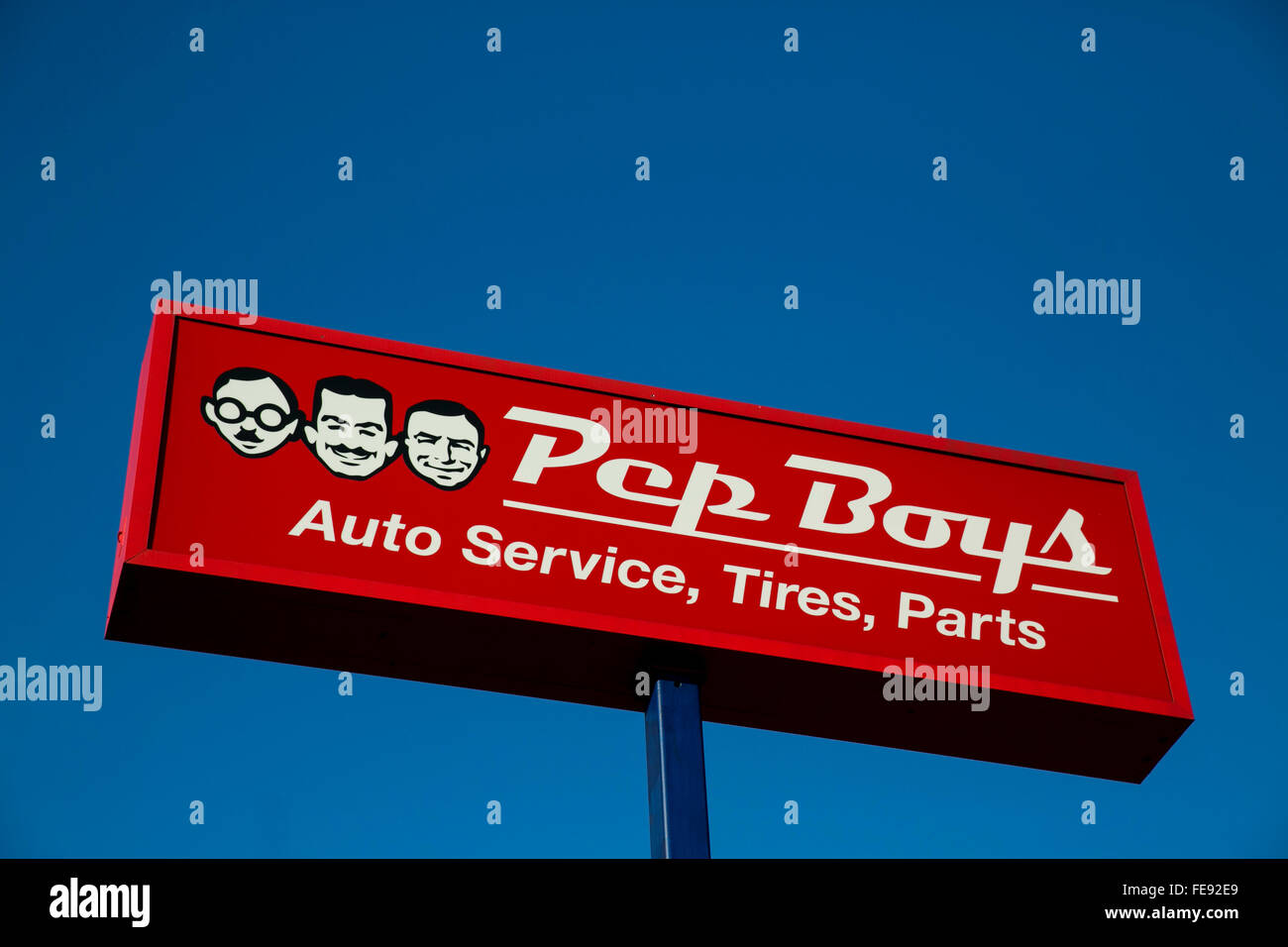 A logo sign outside of the headquarters of Pep Boys in Philadelphia, Pennsylvania on January 3, 2016. Stock Photo