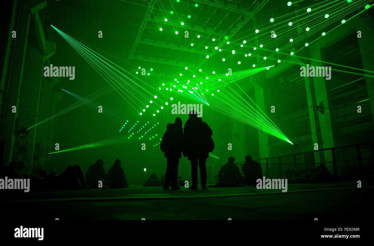 Berlin, Germany. 04th Feb, 2016. Visitors experience a laser and sound