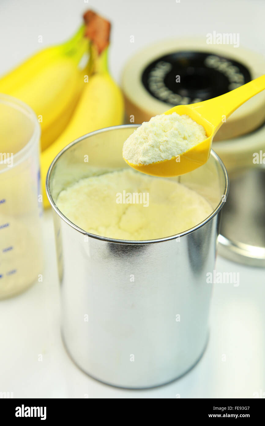 Protein powder and bananas Stock Photo Alamy