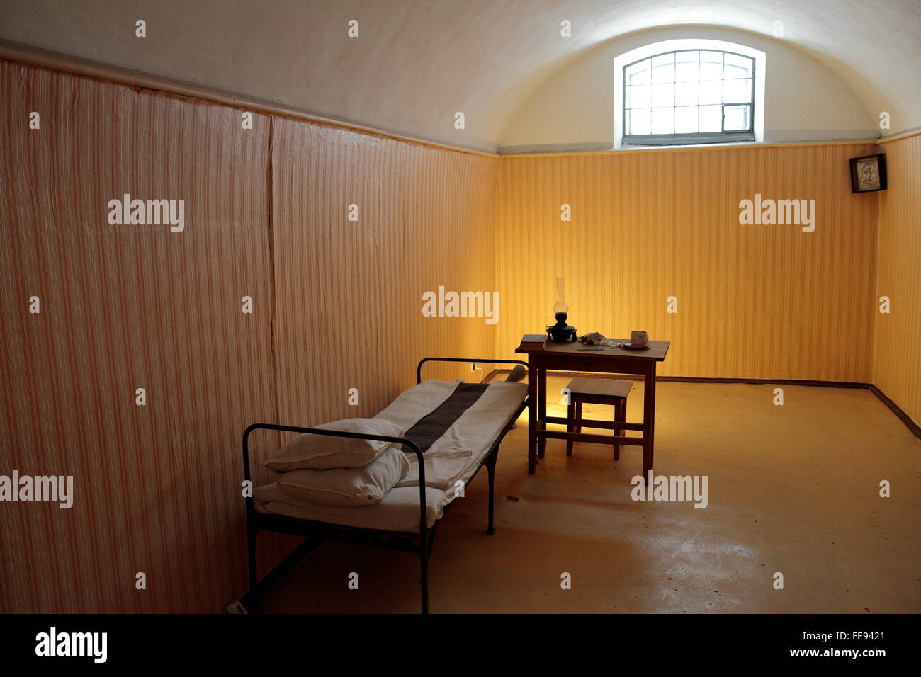 A Prison cell in 1870's style in the Trubetskoy Bastion Prison, Peter and Paul Fortress in St Petersburg, Russia. Stock Photo