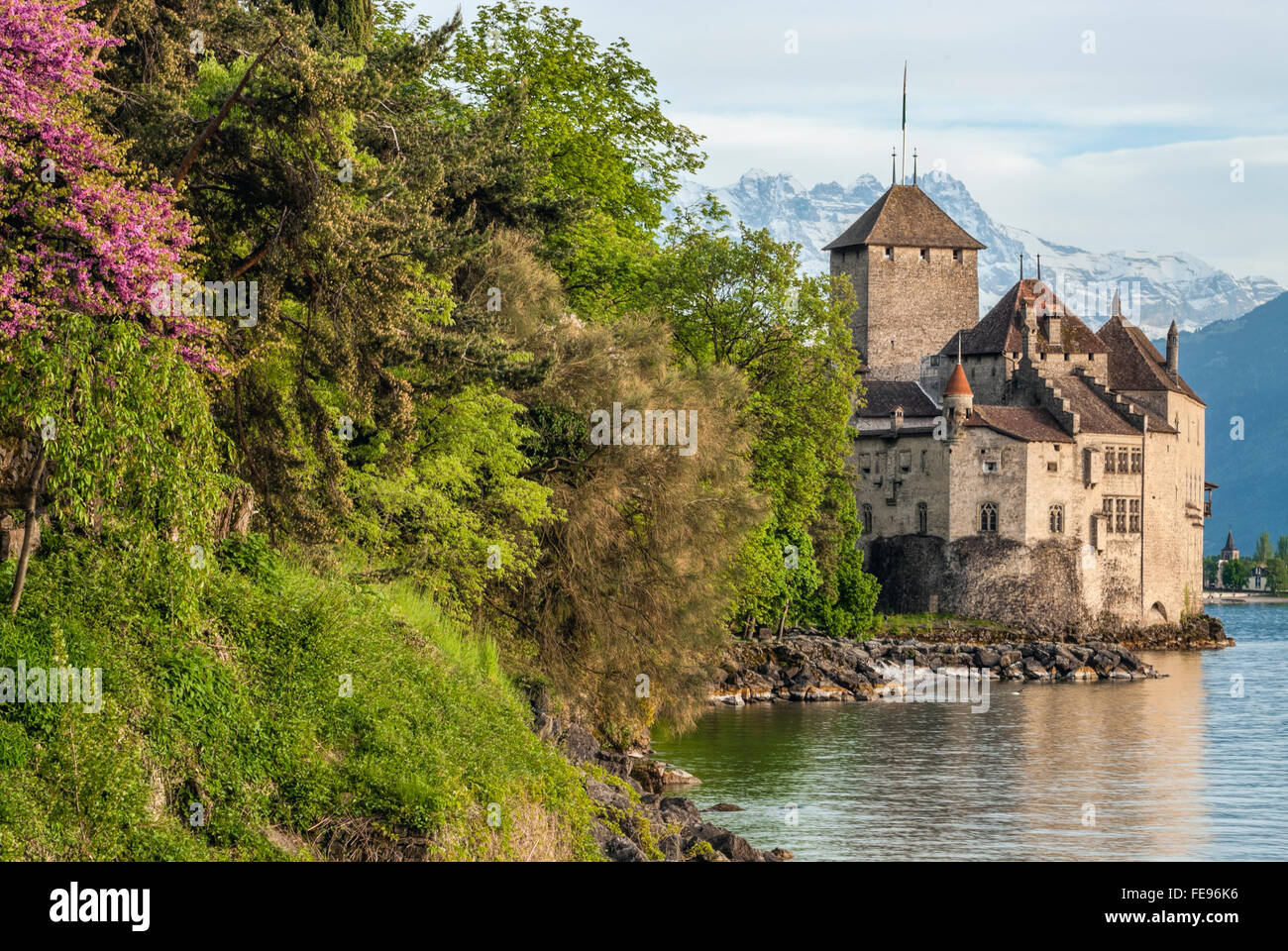 Chillon Castle (Château de Chillon) located on the shore of Lake Geneva in Montreux; Switzerland Stock Photo