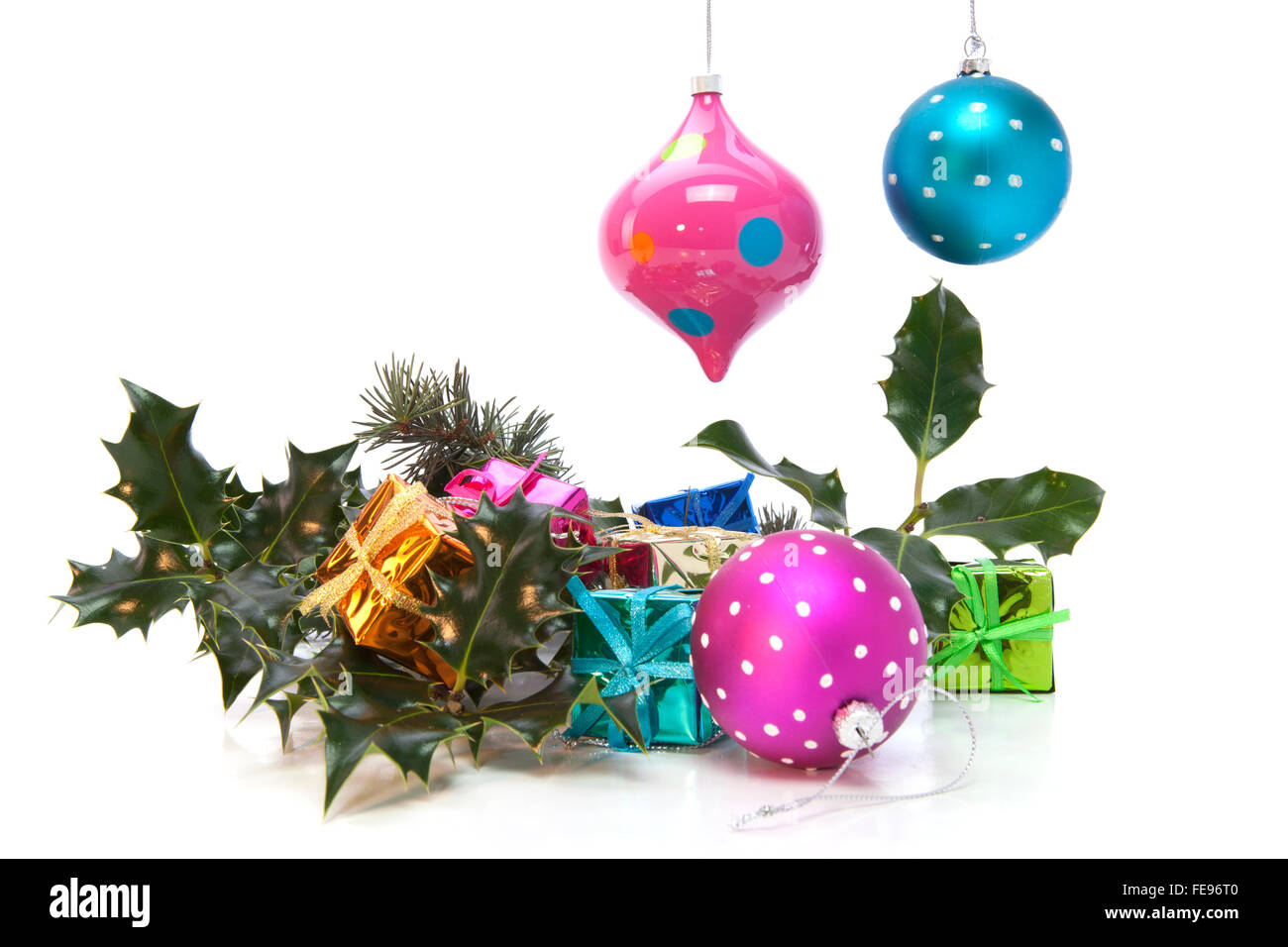 Christmas Decorations with Holly, Balls and Gifts Stock Photo