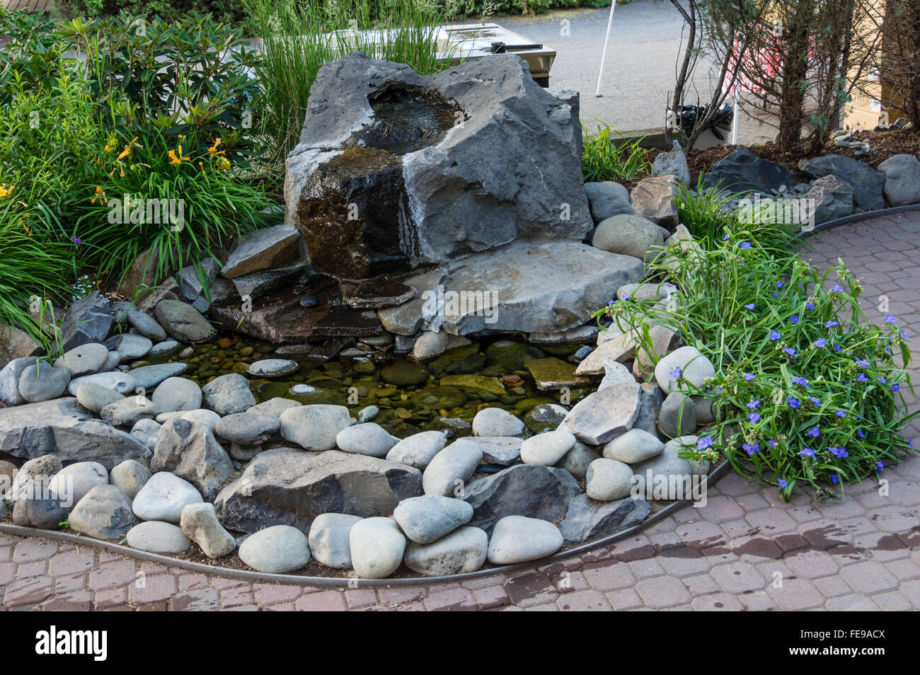 A water feature in the public landscaping of Sisters, Oregon Stock