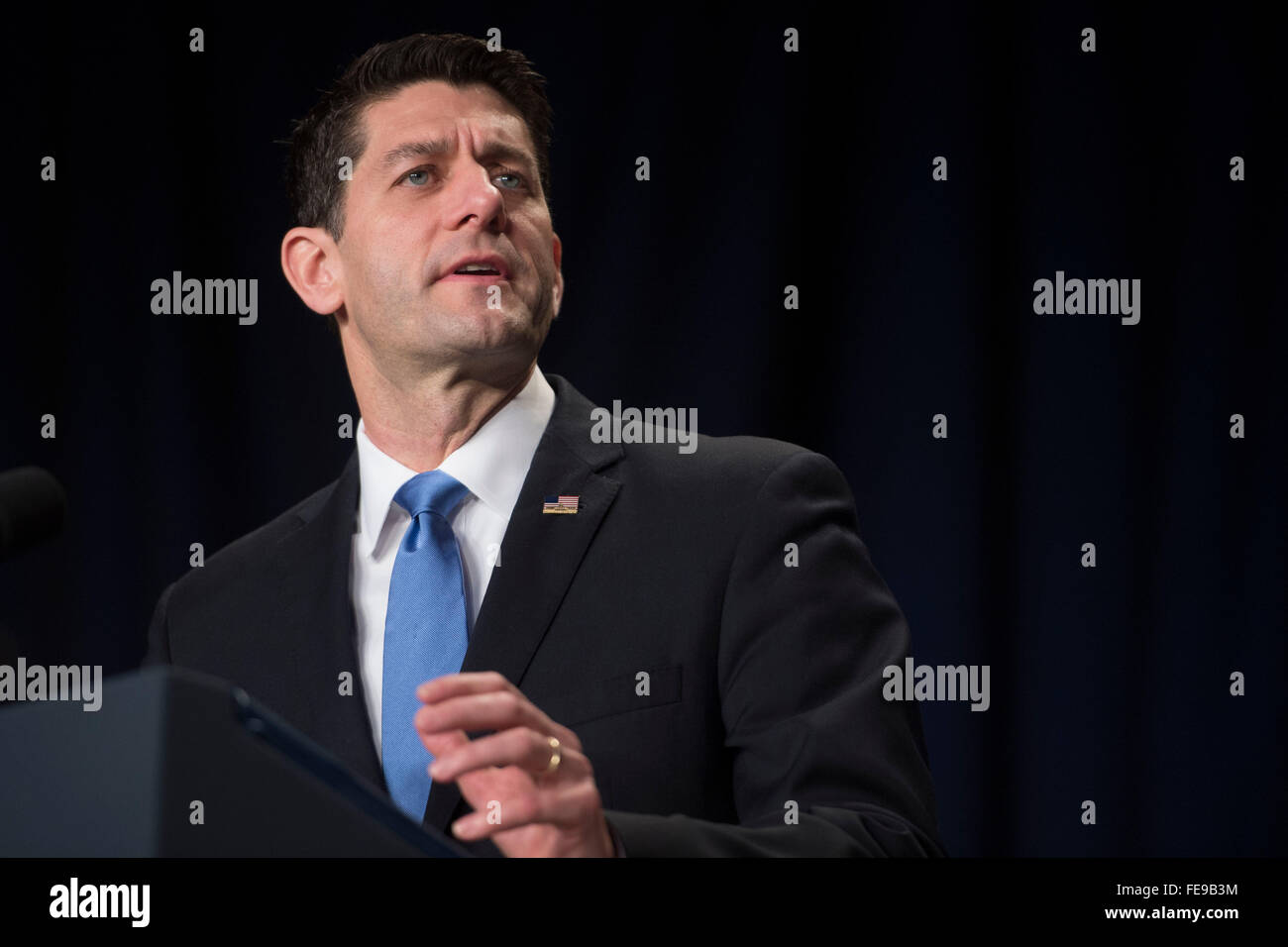 Washington, DC, USA. 04th Feb, 2016. United States Speaker of the House Paul Ryan (Republican of Wisconsin) delivers remarks during the National Prayer Breakfast in Washington, DC, USA, 04 February 2016. For 63 years the National Prayer Breakfast has given presidents the opportunity to gather with members of Congress and evangelical Christians to pray and talk about the role of prayer in their own lives. Credit: Shawn Thew/Pool via CNP /dpa - NO WIRE SERVICE - Credit:  dpa/Alamy Live News Stock Photo
