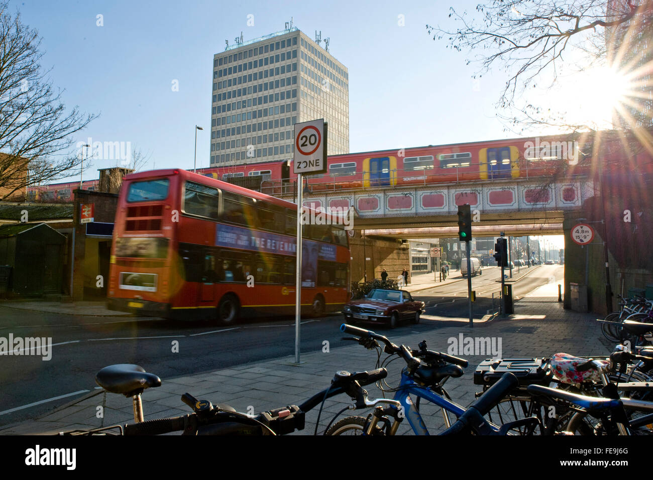 Bus, Car, Train and bike London transport Stock Photo