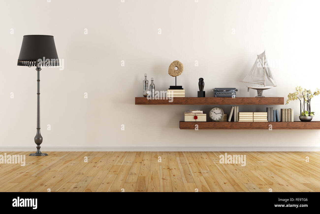 Retro vintage living room with  wooden shelves with books and decor objects - 3D Rendering Stock Photo
