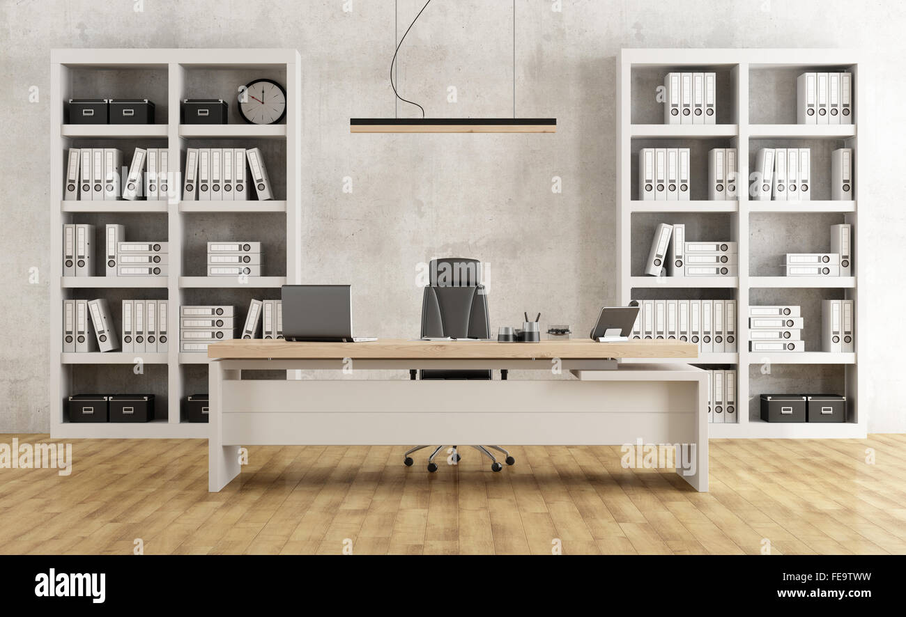 Black and white minimalist office with desk and bookcase - 3D Rendering
