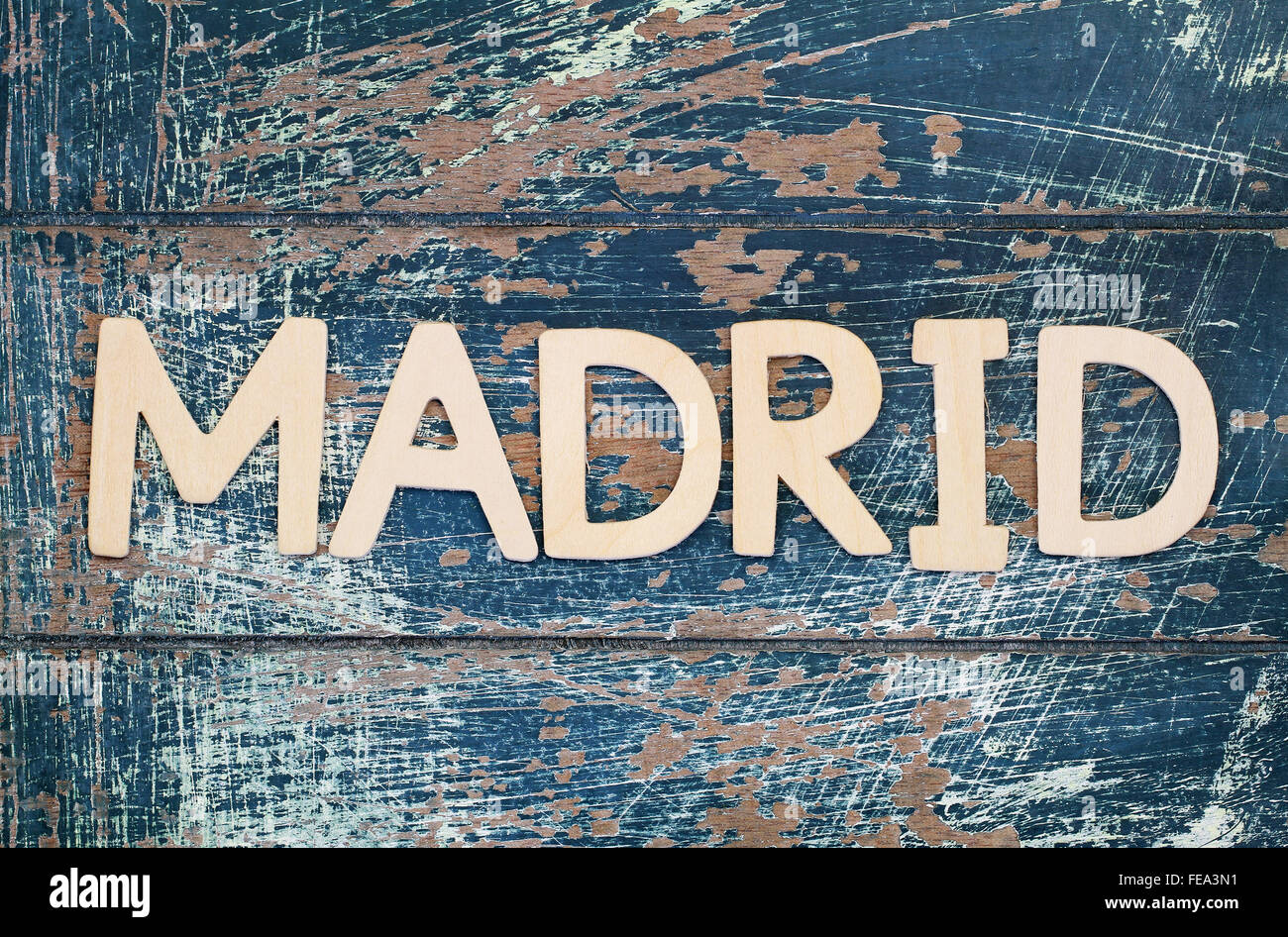 Madrid written with wooden letters on rustic surface Stock Photo
