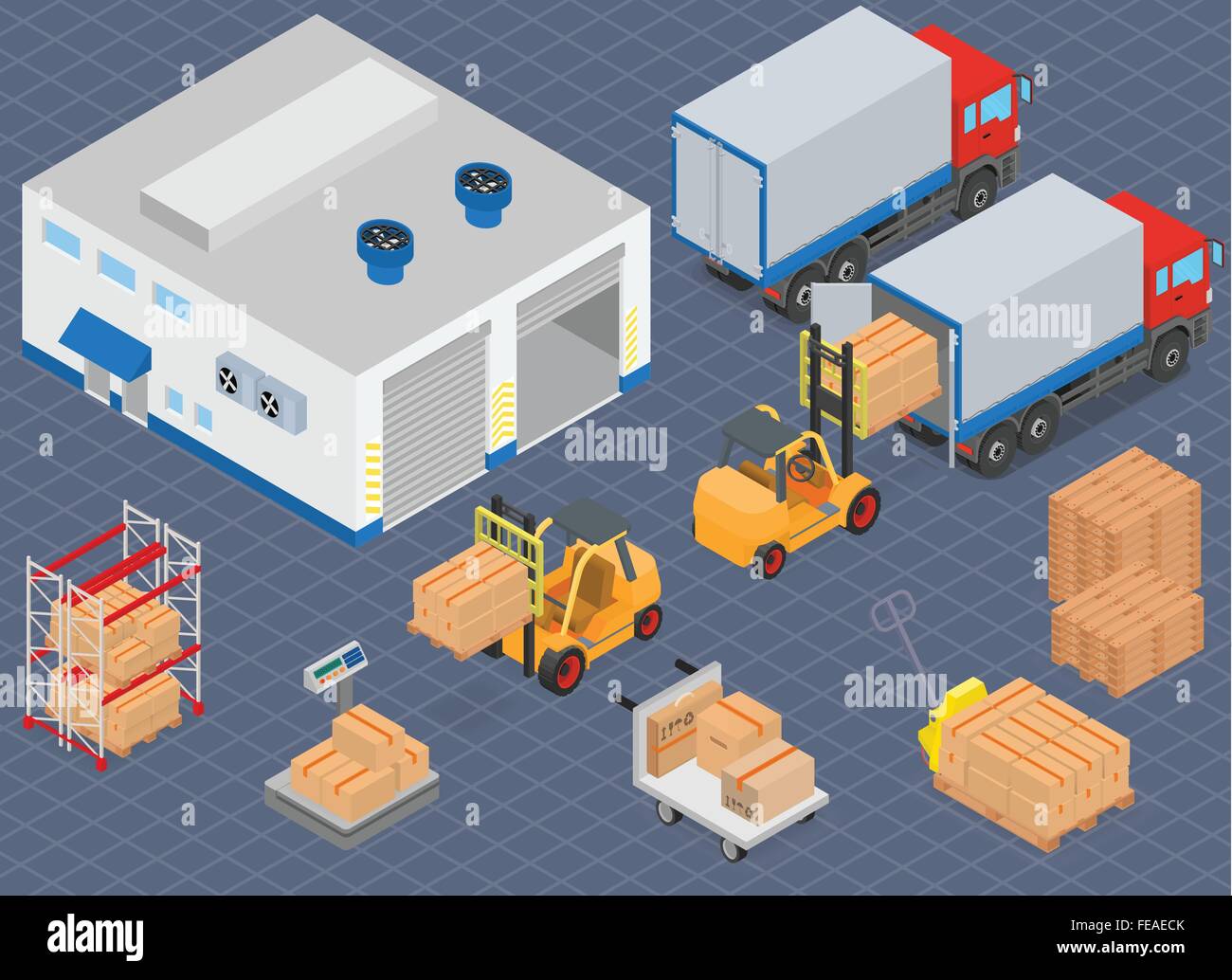 Loading or unloading a truck in the warehouse. Forklifts move the cargo ...