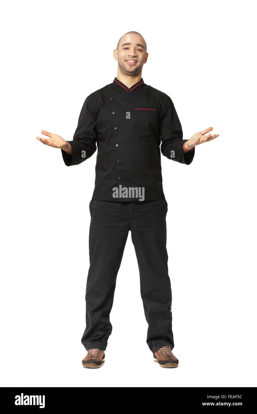 Fullbody portrait of Afro American professional cook isolated on white. Stock Photo