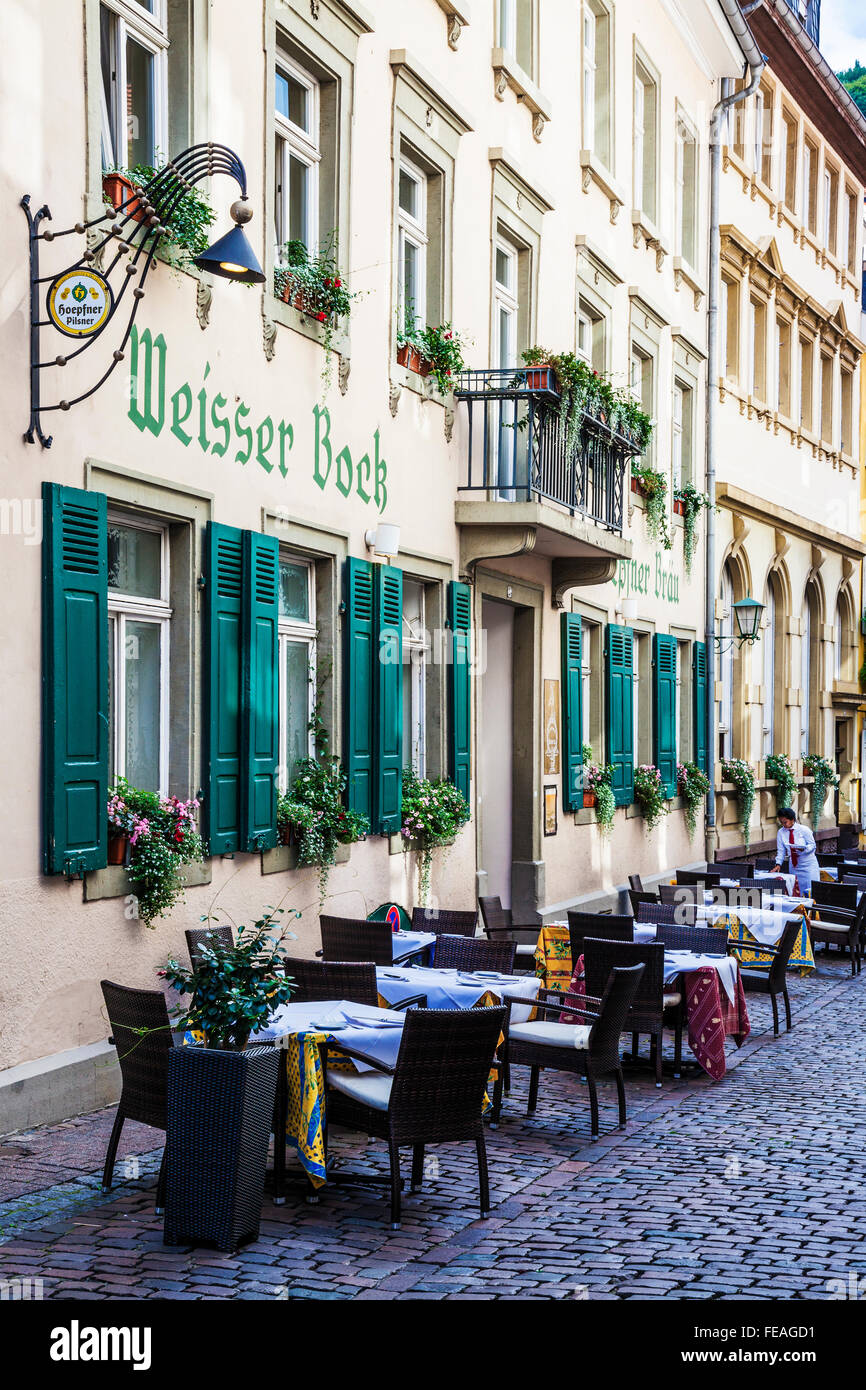 The pretty facade of the Hotel Weisser Bock in the Altstadt quarter of the University town of Heidelberg. Stock Photo