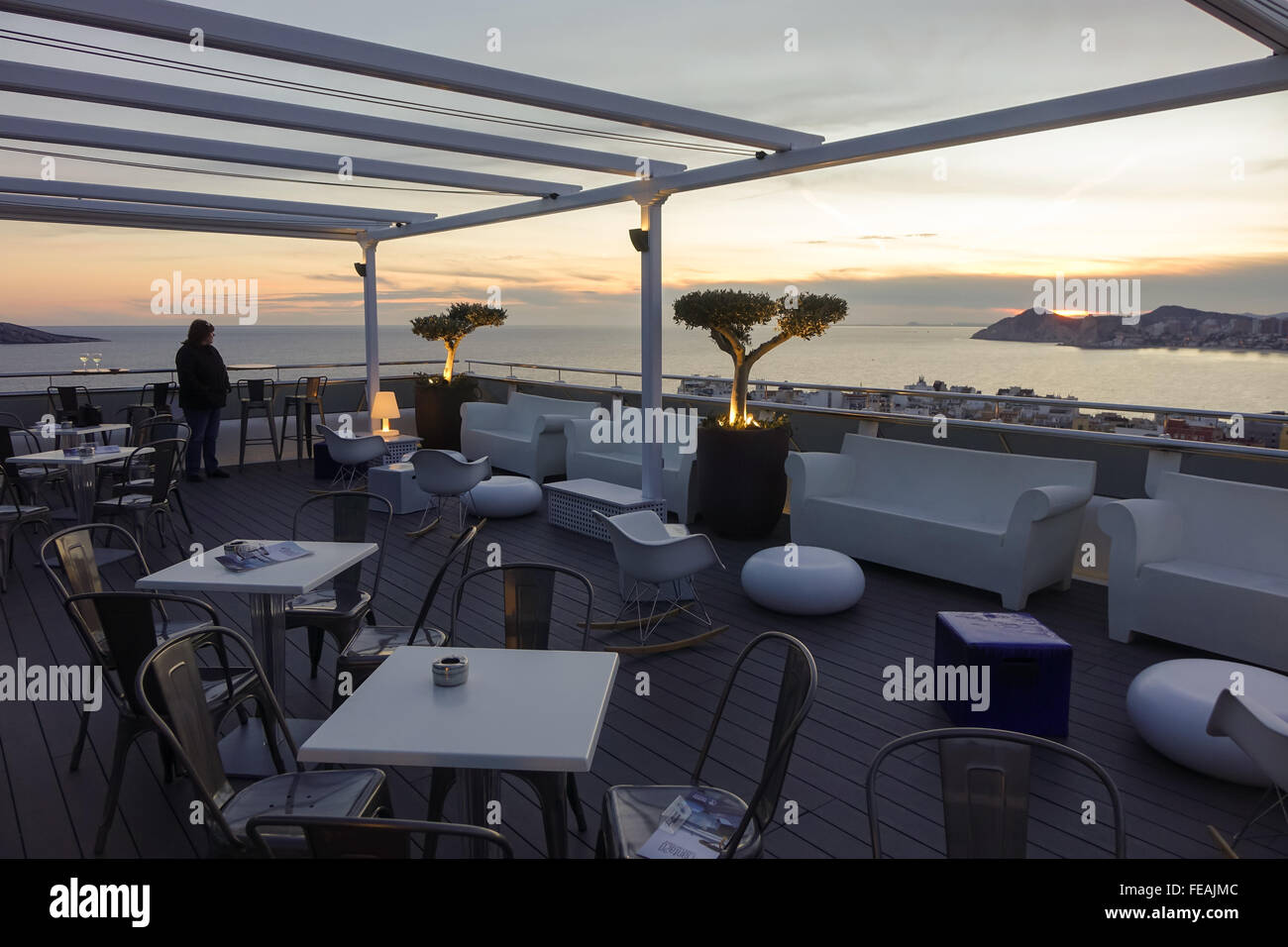 Benidorm, Spain, view from Madeira Centro Hotel over old town at dusk