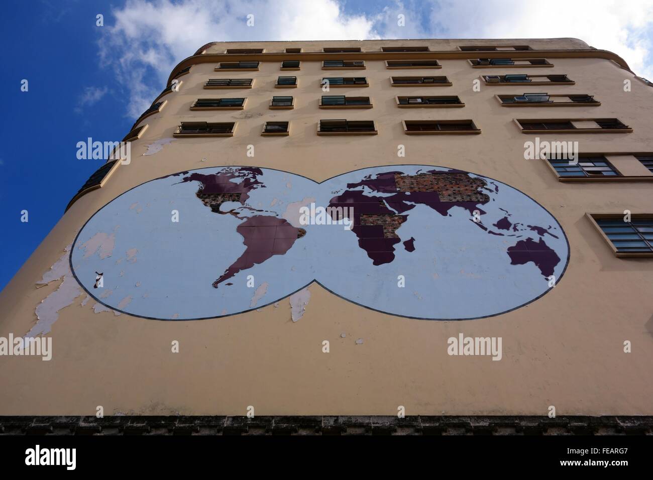 World map on the exterior of the Masonic Grand Lodge in the center of Havana, Cuba. Stock Photo