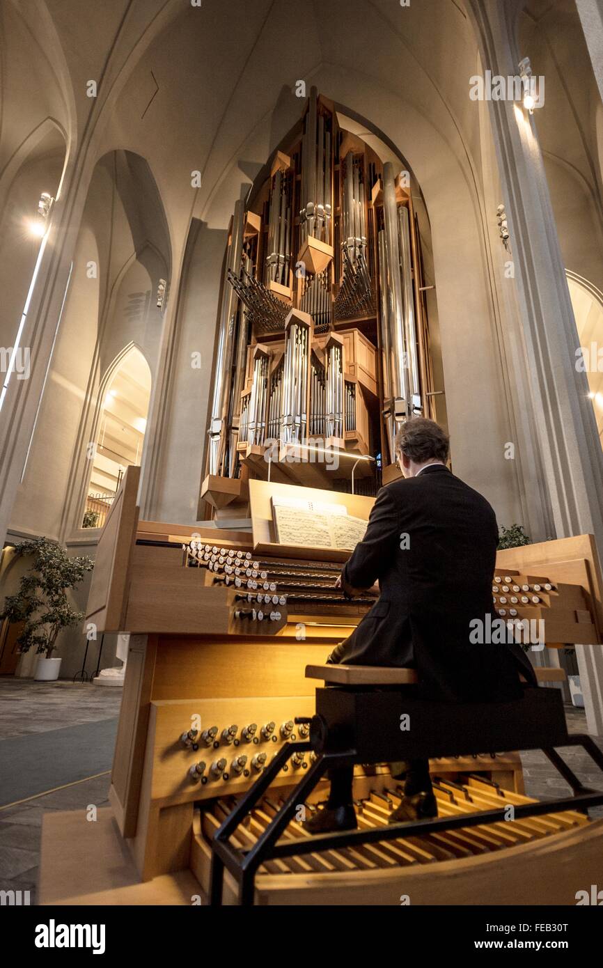 Interior of the Hallgrimskirkja Church in Reykjavik, Iceland, with the huge pipe organ designed by the German Johannes Klais. Stock Photo