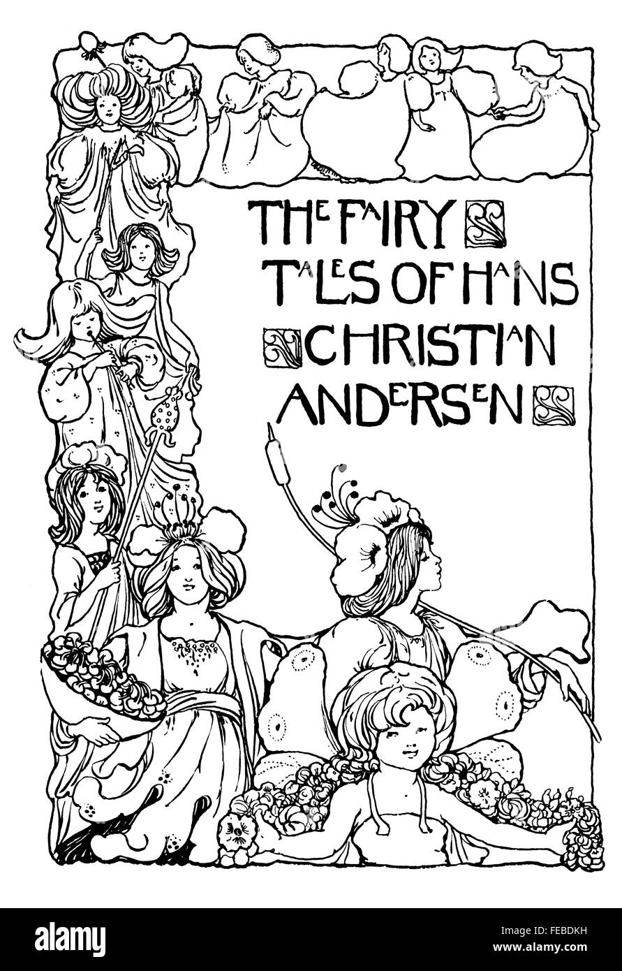 The Fairy Tales of Hans Christian Andersen, book title page by May Tyrer of London, art nouveau line Illustration from 1897 Stock Photo