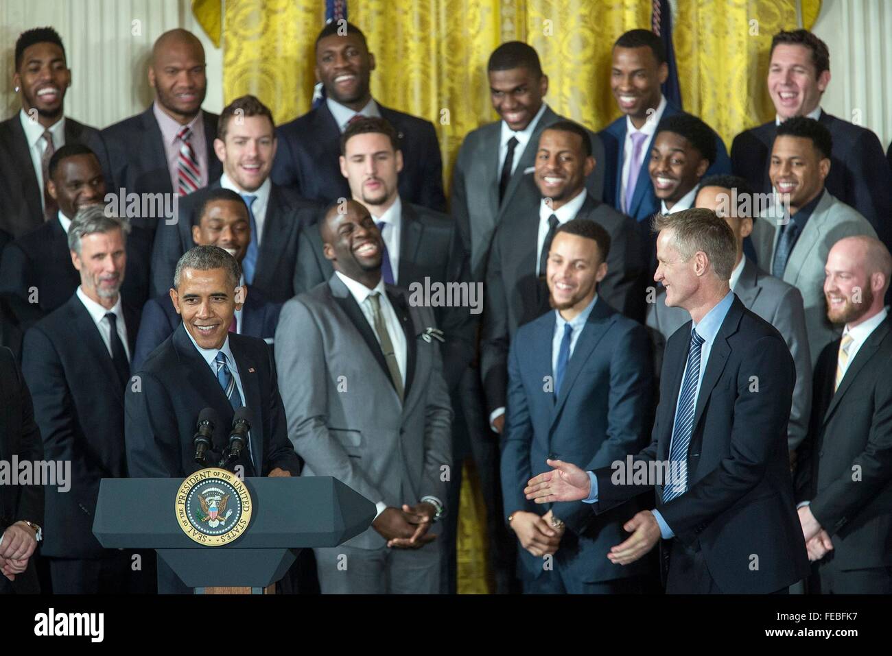 Washington DC, USA. 05th Feb, 2016. U.S President Barack Obama jokes about most valuable player Stephen Curry, center-right) as he meets with the 2015 NBA Champions Golden State Warriors in the East Room of the White HouseFebruary 4, 2016 in Washington, D.C. Stock Photo