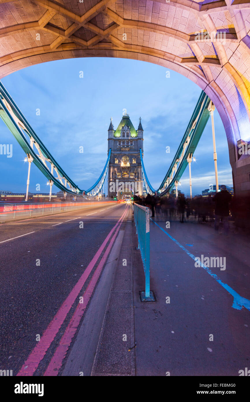 Light trails at night on Tower Bridge in London England UK Stock Photo ...