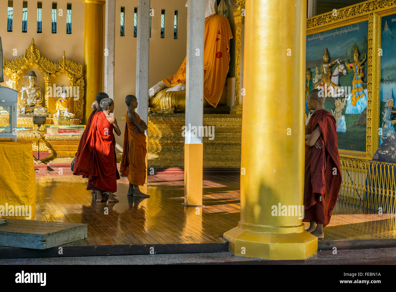 Monks at the Shwedagon pagoda. Rangoon, Burma Stock Photo