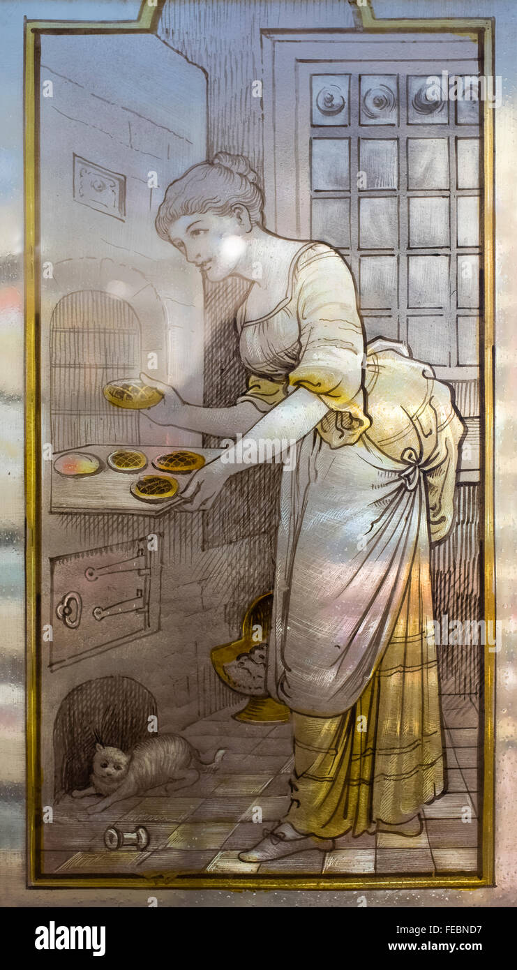 A  domestic scene painted on a glass panel in the former home of John Ward Knowles (artist), York, North Yorkshire, England, UK Stock Photo