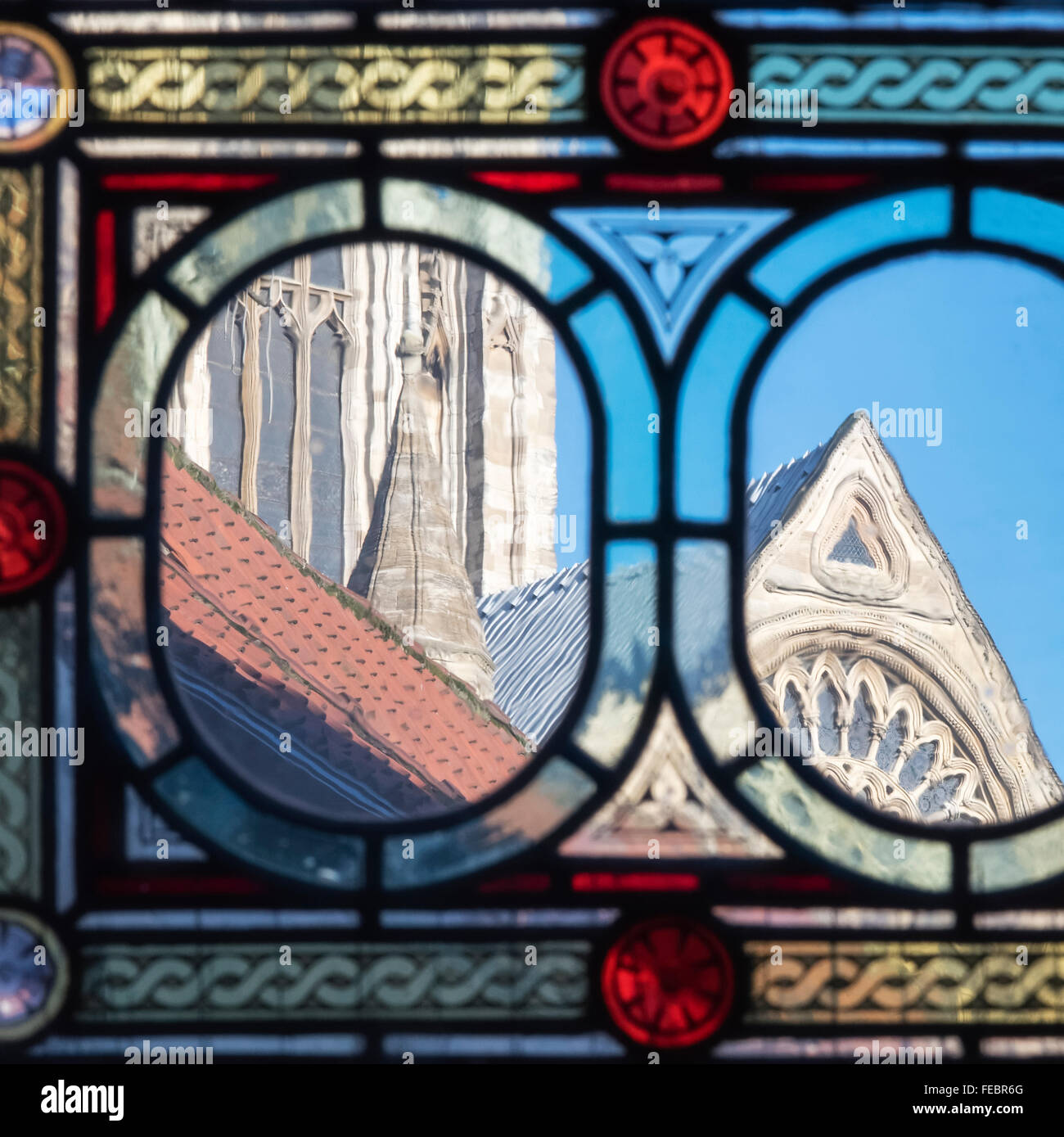 York MInster seen through a stained glass window in the former home of John Ward Knowles (artist), York, England, UK Stock Photo