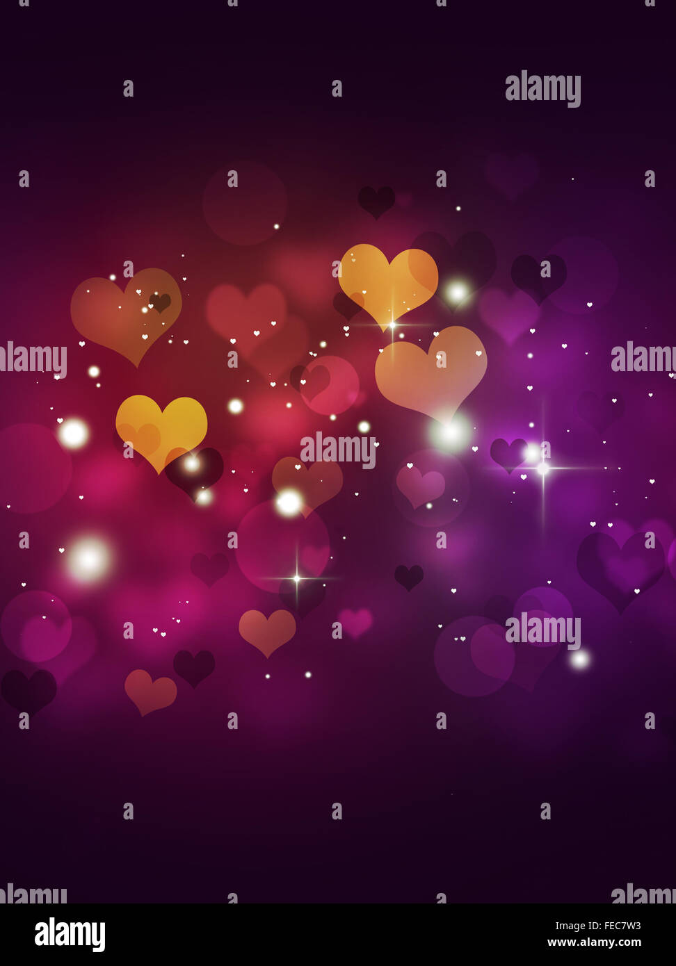 abstract multicolor background of bokeh hearts and lights Stock Photo