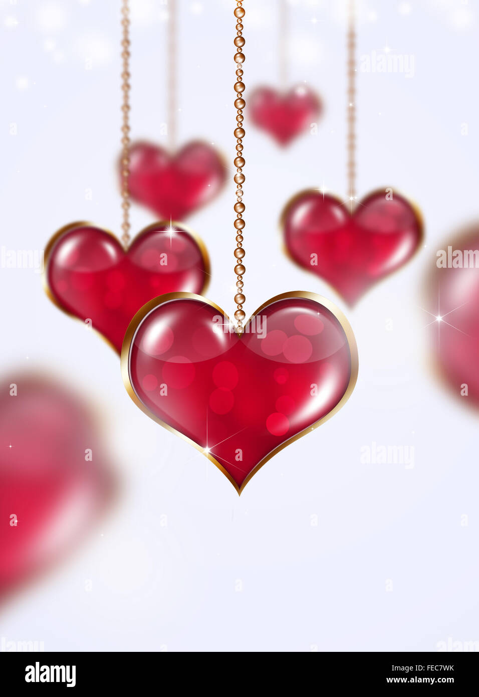 valentine golden hearts on bright background with stars and blurry lights Stock Photo