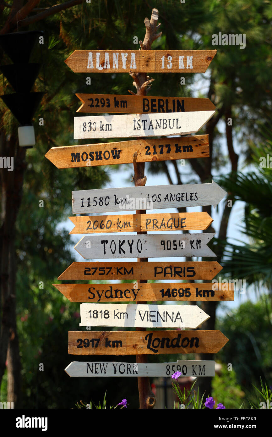 Hand made wooden sign with destinations to world largest cities. Stock Photo
