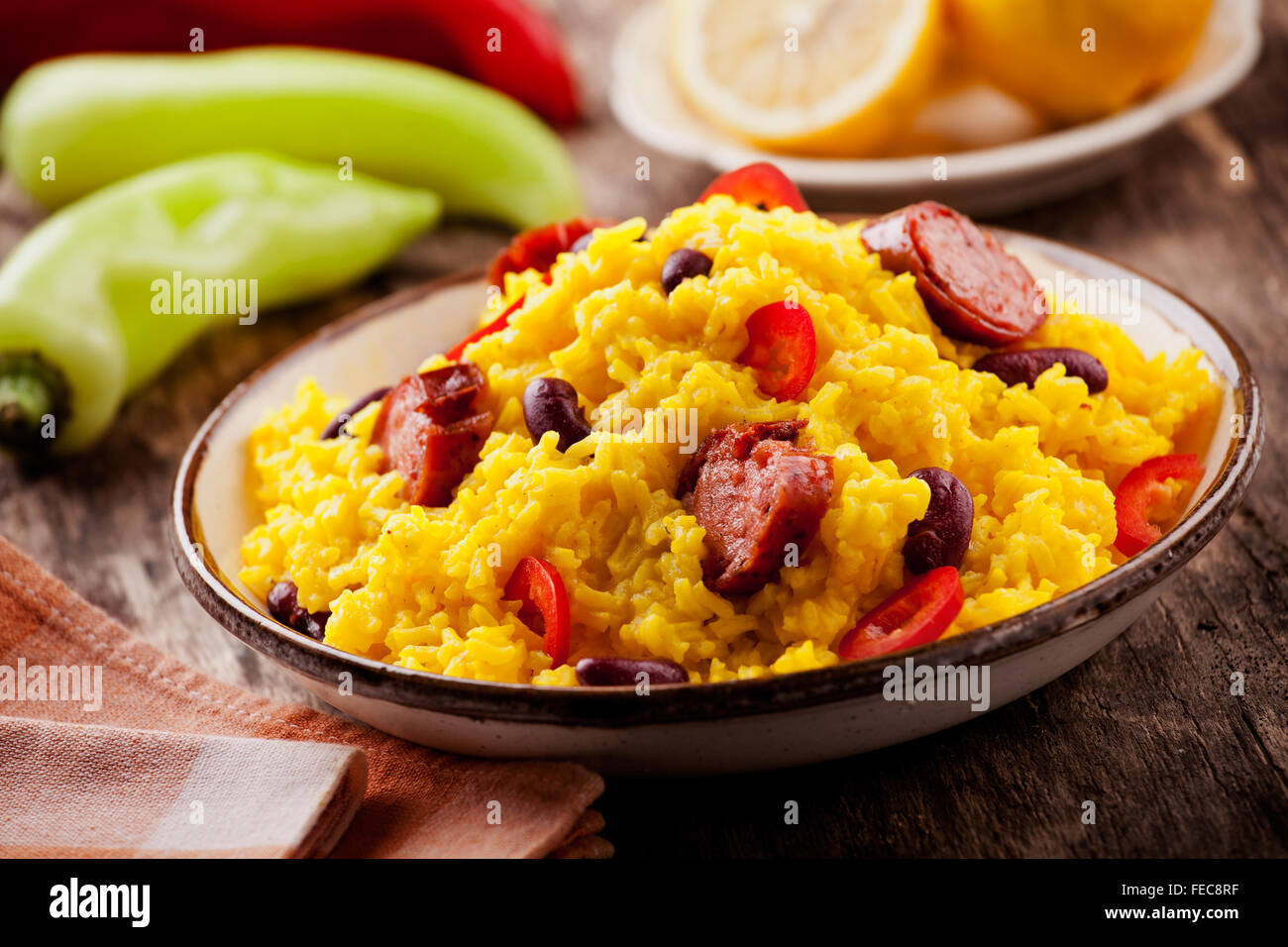 Homemade mexican meal with rice chorizo and beans Stock Photo Alamy