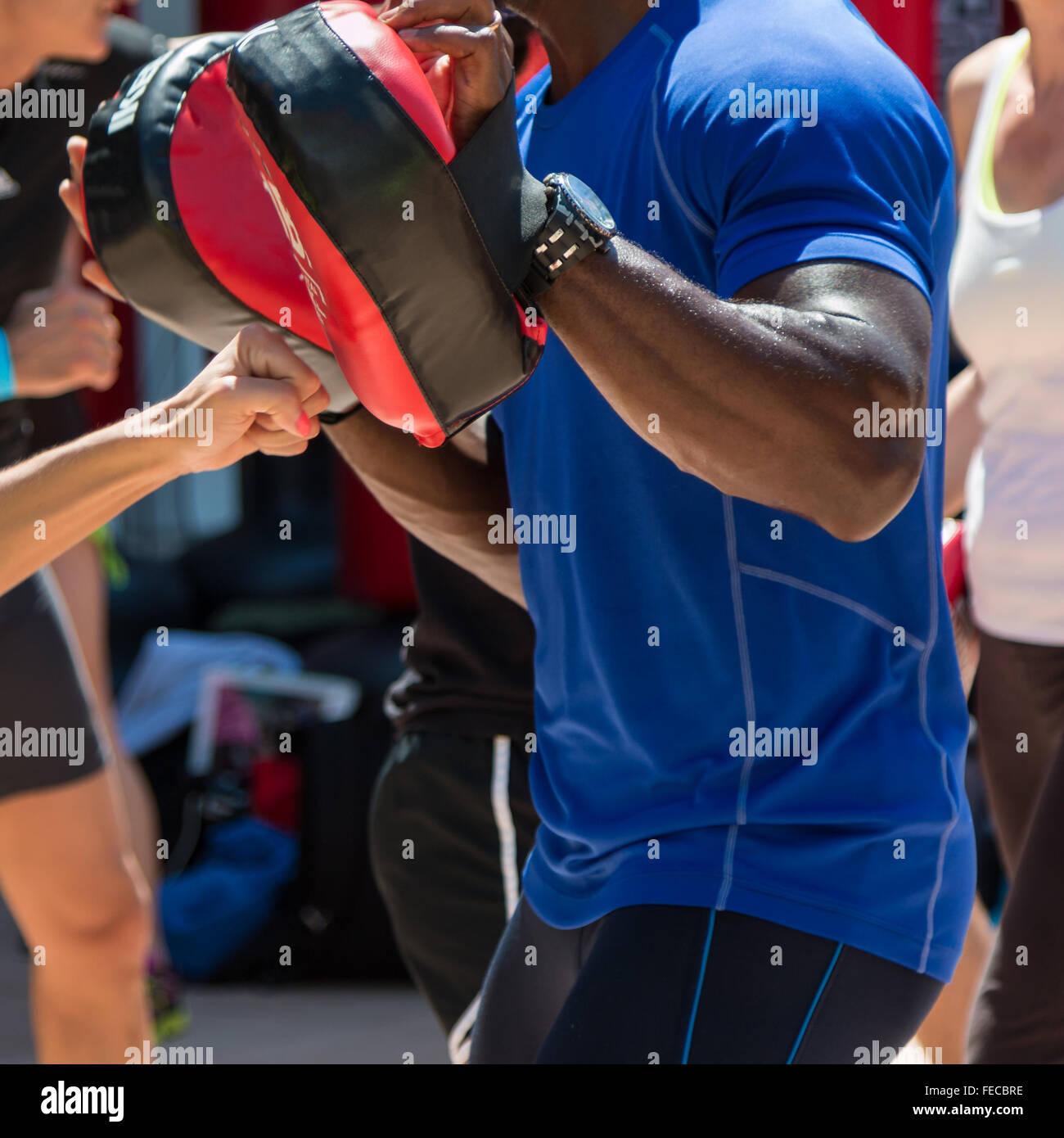 Fitness and Boxing Workout with Red Punch Mitts at Gym Stock Photo Alamy