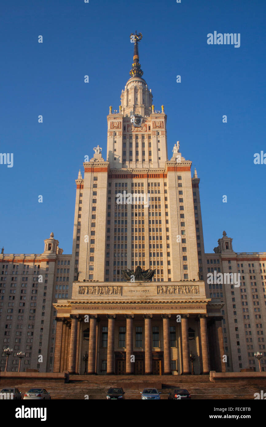 Central tower of Moscow State University, one of Stalin's Seven Sisters Moscow, Russia Stock Photo
