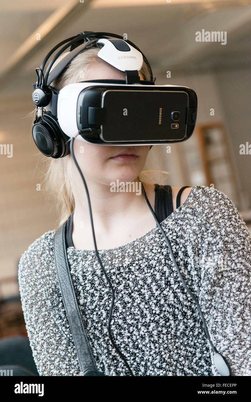 Copenhagen, Denmark. 5th February, 2016. Khora is a pop-up space in the meatpacking district of Copenhagen, where people can walk in and try different levels of virtual reality. Schools will be able to come in on field trips, companies can come in to see what is possible with VR. VR enthusiasts will be able to come in and collaborate with fellow content creators. Their goal is to create an environment where ideas about virtual reality can develop and come to life. Credit:  Matthew James Harrison/Alamy Live News Stock Photo