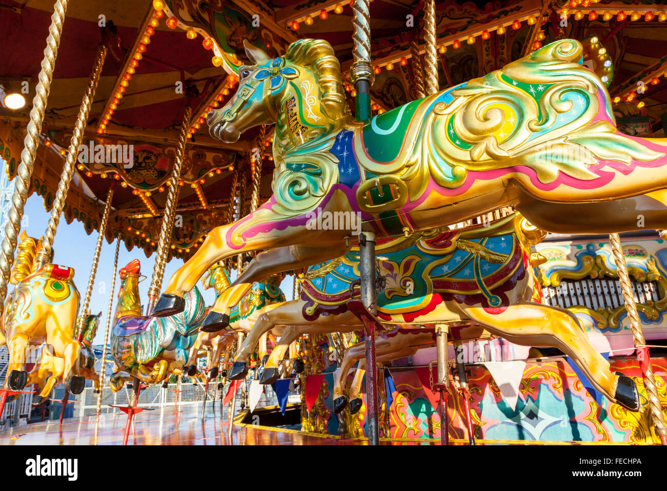 Carousel fairground ride with horses. Merry Go Round, Goose Fair, Nottingham, England, UK Stock Photo