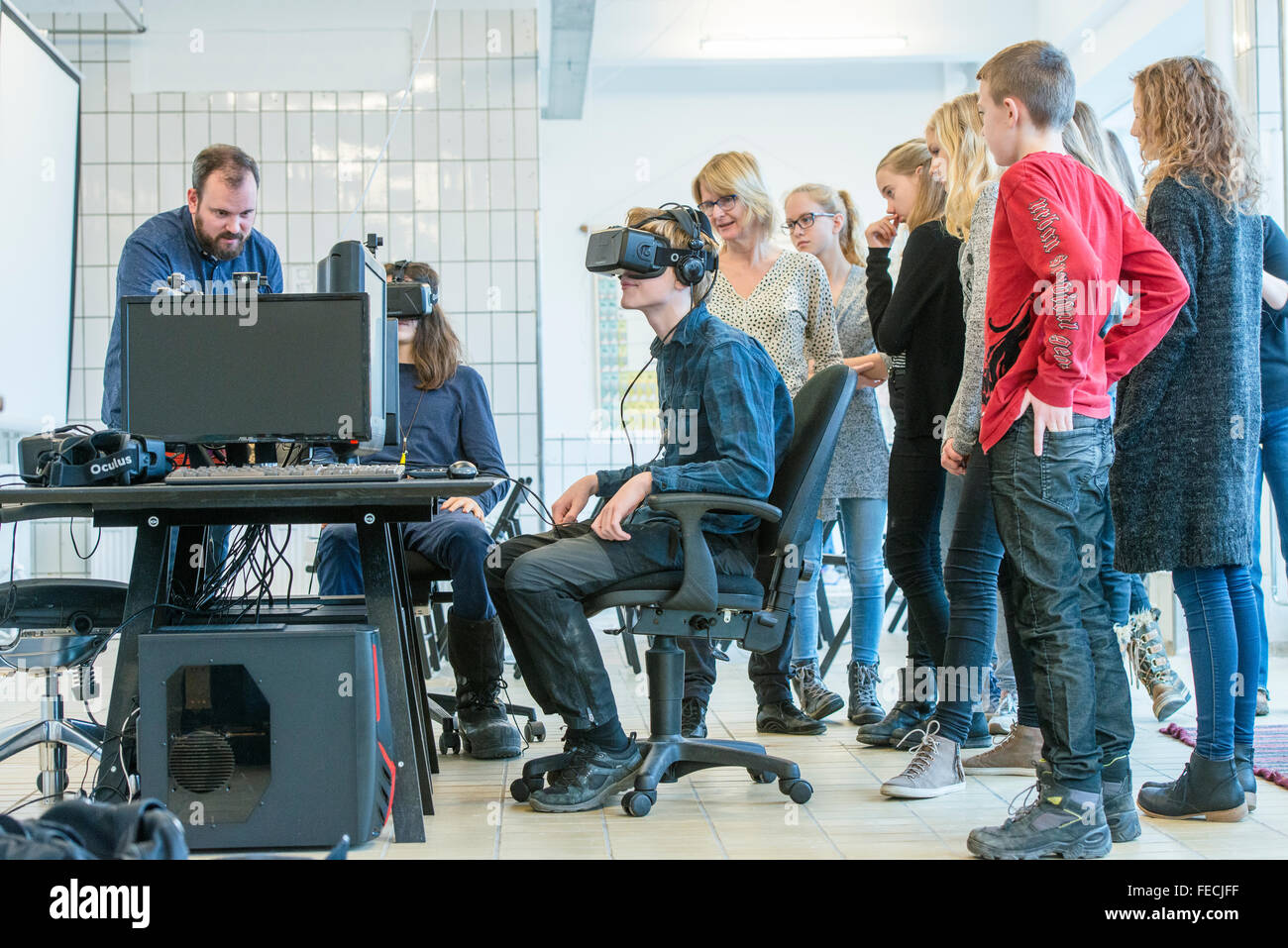 Copenhagen, Denmark. 5th February, 2016. Khora is a pop-up space in the meatpacking district of Copenhagen, where people can walk in and try different levels of virtual reality. Schools will be able to come in on field trips, companies can come in to see what is possible with VR. VR enthusiasts will be able to come in and collaborate with fellow content creators. Their goal is to create an environment where ideas about virtual reality can develop and come to life.  Pictured is 14-year-old Malte Konoy, from Albertslund Lilleskole, as he tests out one of the VR headsets. © Matthew James Harrison Stock Photo
