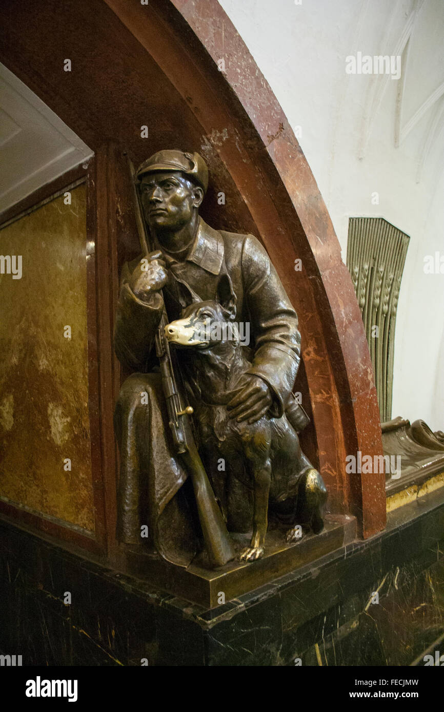 Socialist realist statue of border guard and dog on Ploshchad