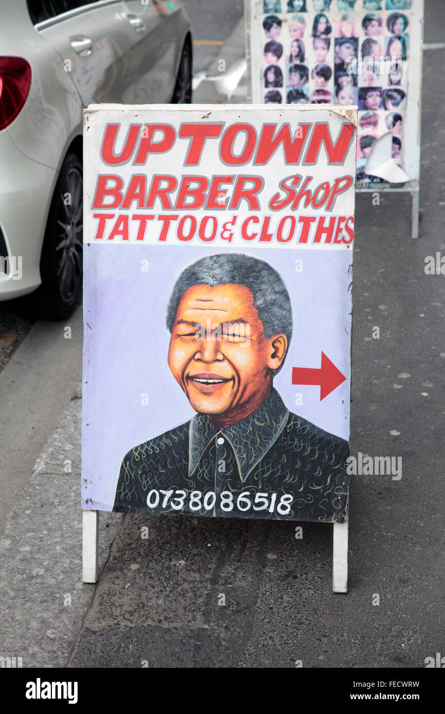 Barber Shop Sign with Nelson Mandela, Cape Town, South Africa Stock