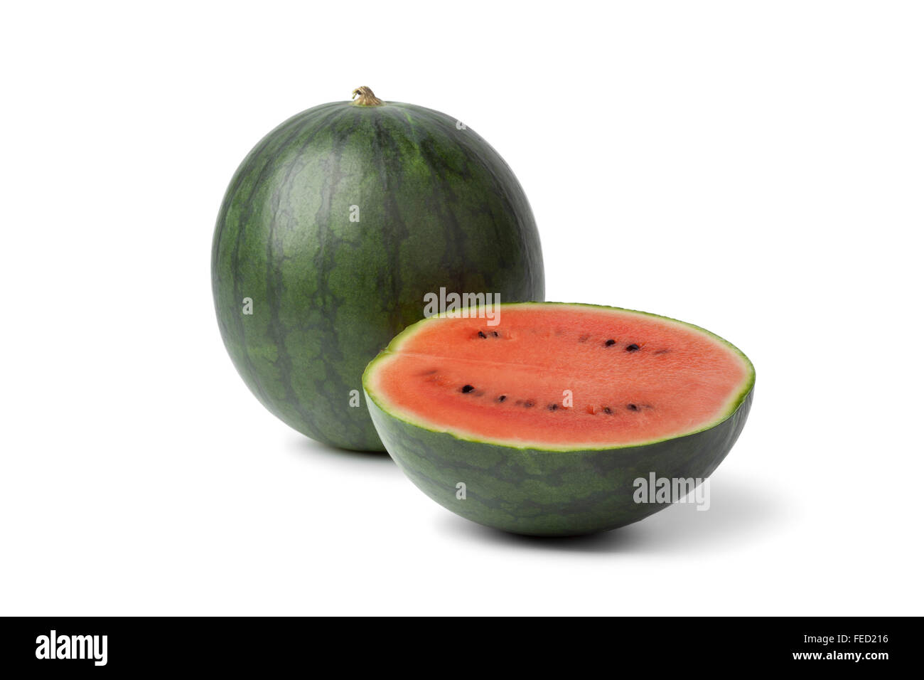 Fresh whole and half watermelon on white background Stock Photo