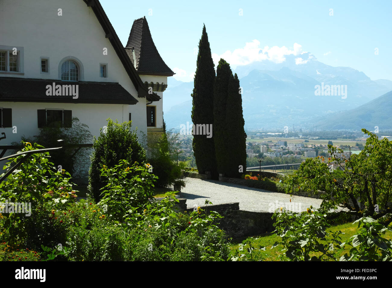 Vineyards and Chateau Maison Blanche, Switzerland. Stock Photo