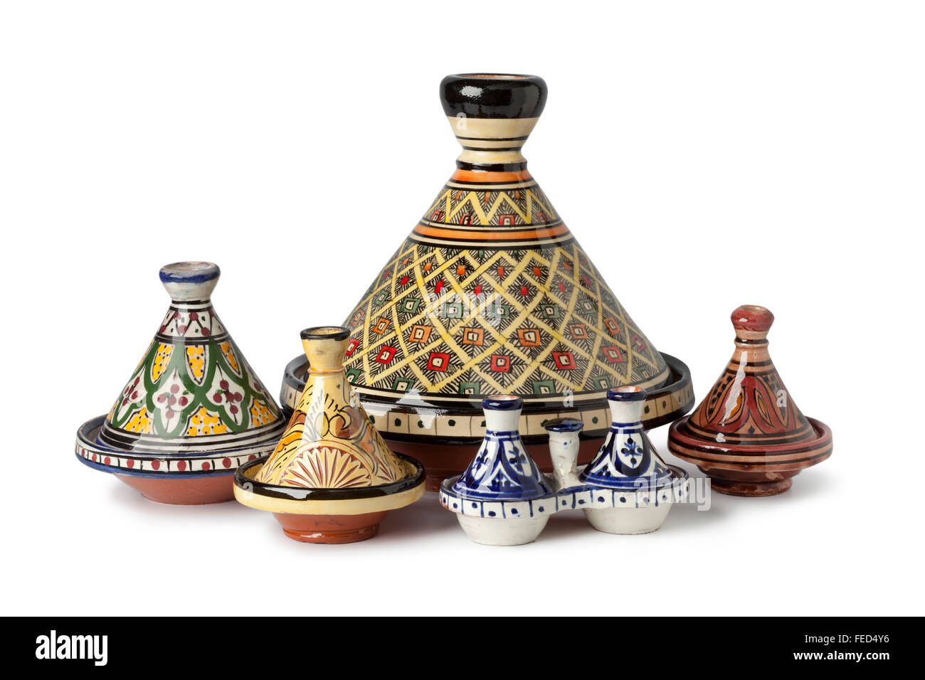 Traditional Moroccan tagines on white background Stock Photo